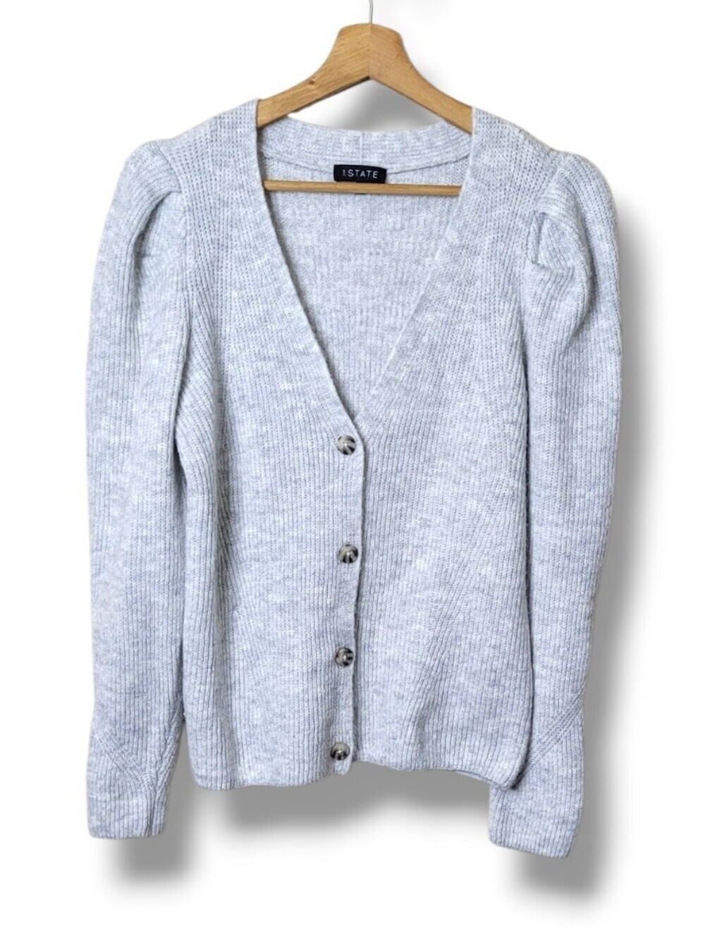1.State Gray Puff Sleeve Cardigan Sweater